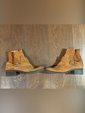 gentle souls Tan Suede Ankle Moto Boots with Buckle
